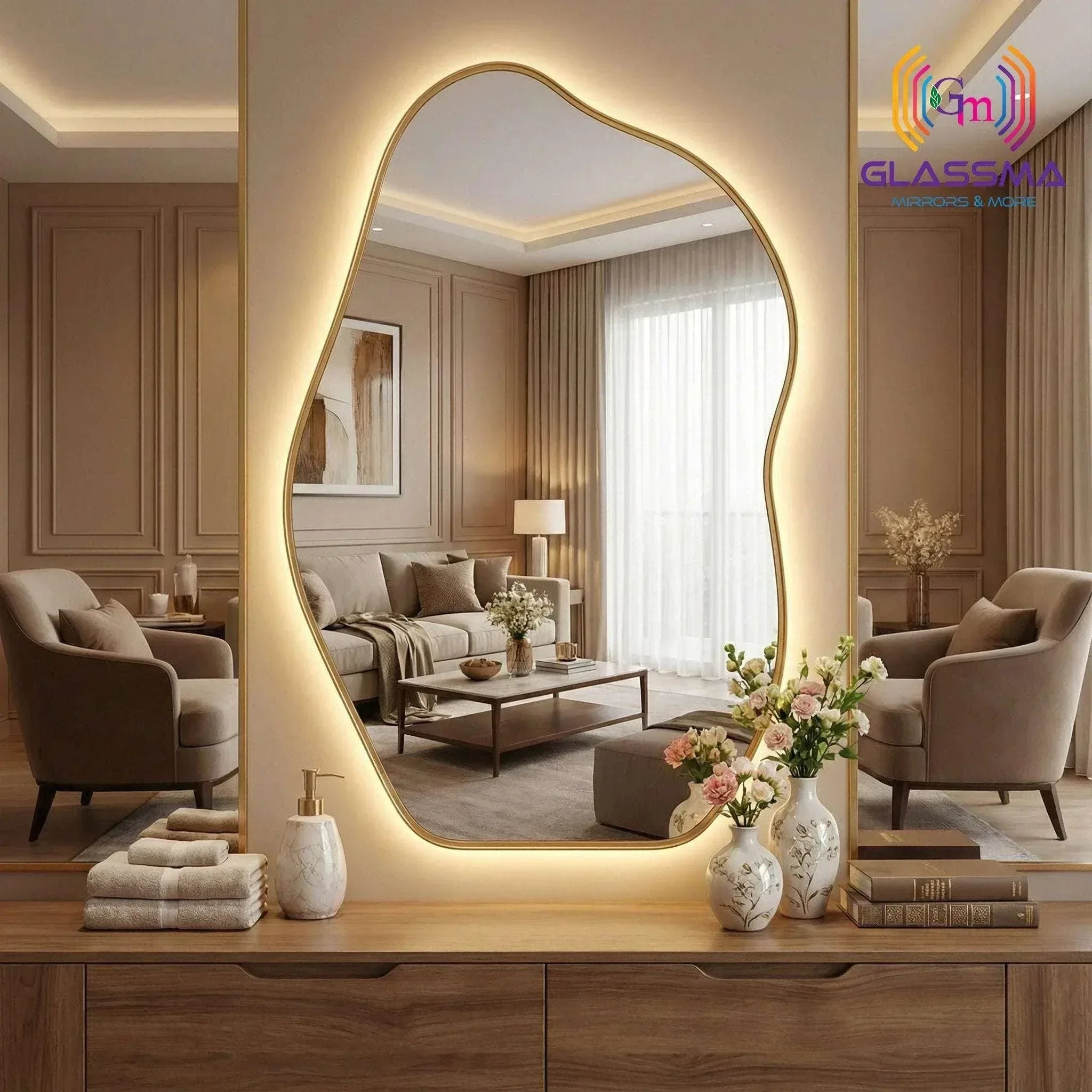 Modern Irregular LED Mirror | Backlit Golden Aluminum Frame Bathroom Wall Mirror - Glassma